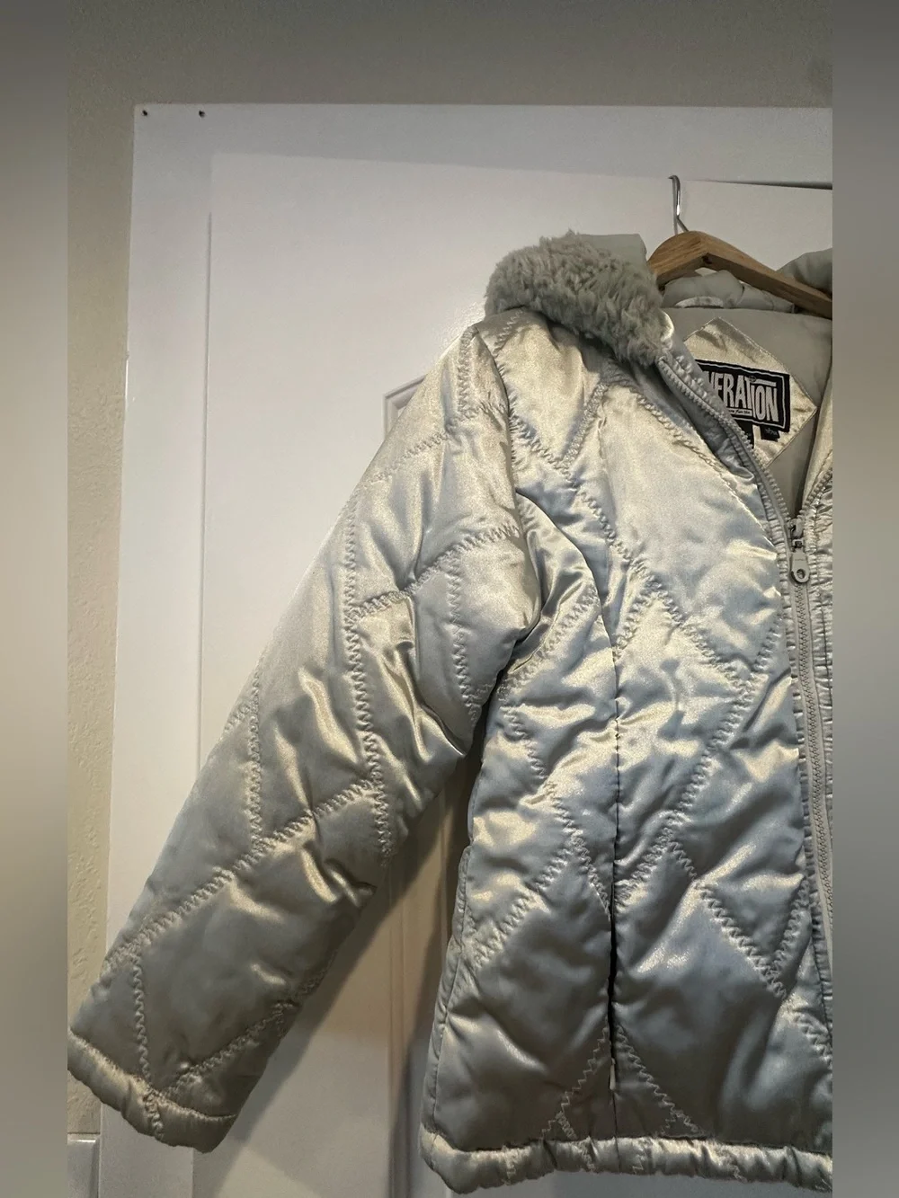 GENERATION Y Shimmery Silver Quilted Puffer with Faux Fur Trim